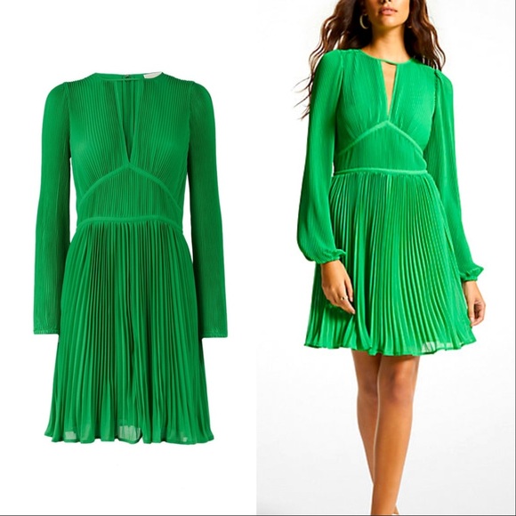 Michael Kors Dresses & Skirts - NWT MICHAEL KORS Georgette Pliss Green Pleated mini Dress size XS long sleeves